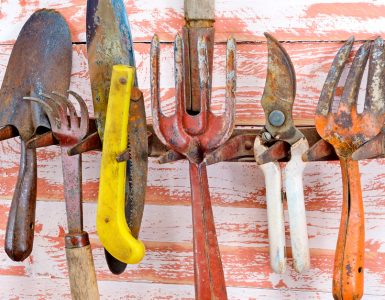 Un ensemble d'outils de jardin rouillés