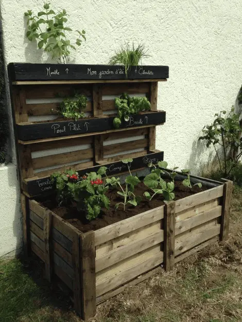 Une grande jardinière potagère en palette dans le coin du jardin