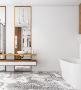 Salle de bain moderne avec des meubles en bois et une baignoire blanche sur le sol en marbre