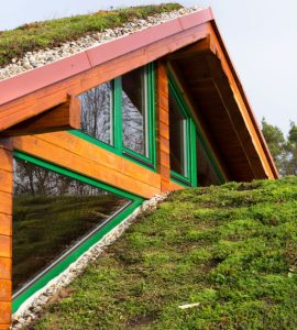 Vue sur la toiture végétale d’un bâtiment en bois