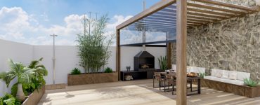 Terrasse en bois avec pergola, chaises et barbecue
