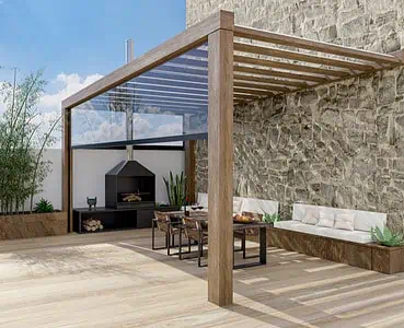 Terrasse en bois avec pergola, chaises et barbecue