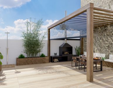 Terrasse en bois avec pergola, chaises et barbecue