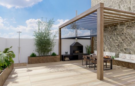 Terrasse en bois avec pergola, chaises et barbecue