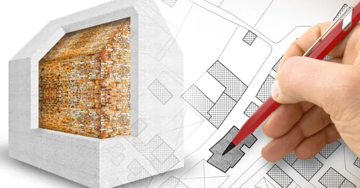 Zoom sur la main d'un homme tenant un crayon et dessinant le plan d'isolation thermique d'une maison