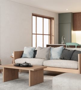 Un salon style japonais avec canapé en bois et table basse en bois