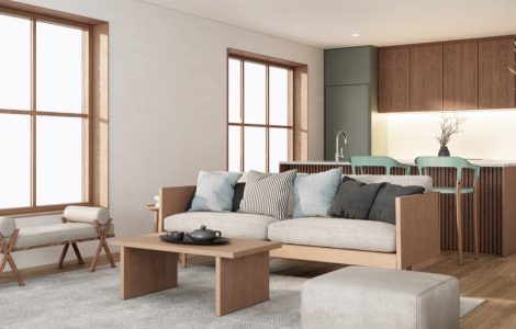 Un salon style japonais avec canapé en bois et table basse en bois