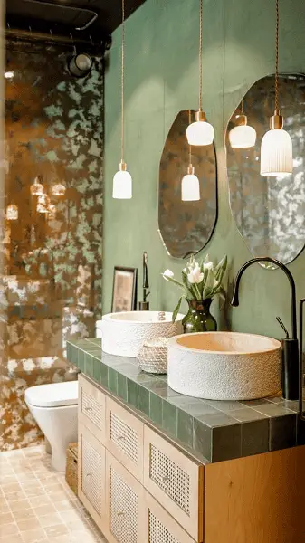 Des miroirs organiques dans une salle de bain nature