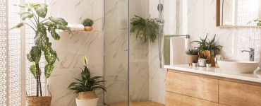 Salle de bains moderne avec douche vitrée, meuble en bois et plantes intérieures