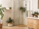 Salle de bains moderne avec douche vitrée, meuble en bois et plantes intérieures