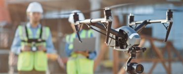 Deux spécialistes utilisent un drone sur le chantier