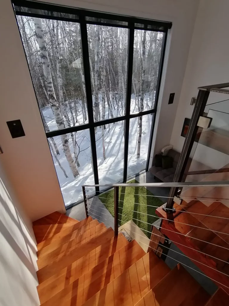 vue de la forêt enneigée depuis l'escalier