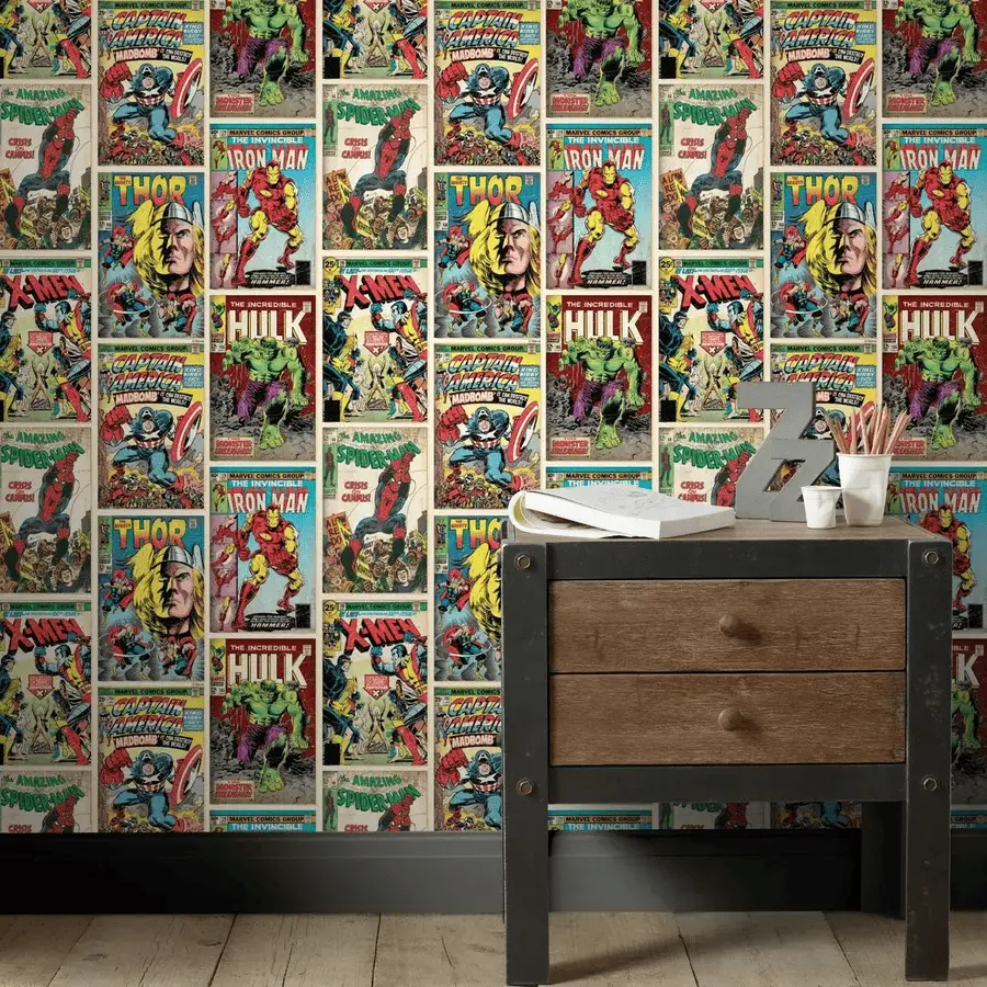 Une tapisserie qui représente des couvertures de comics vintage