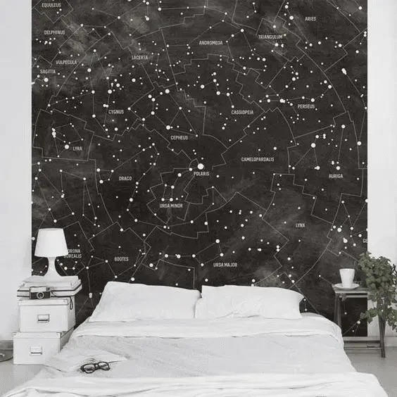 Une chambre d’ado avec une tête de lit constellée